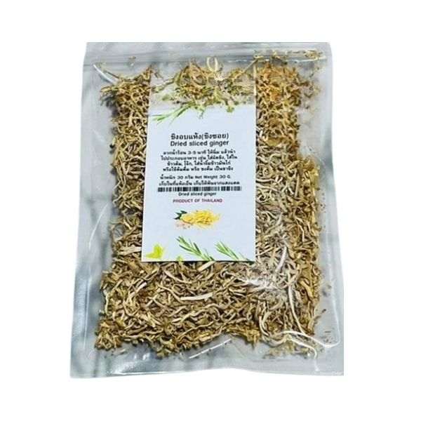 Dried sliced ginger 30g pack from All Season Foods, enhances flavor and aroma in Thai dishes.
