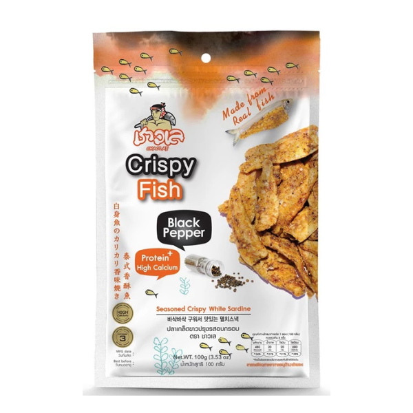 Knusprig gebackener Weißfisch, schwarzer Pfeffergeschmack 100g