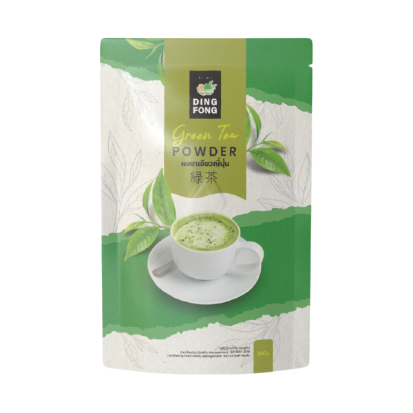 Ding Fong green tea powder 150g pouch with cup of frothy green tea and tea leaves illustration
