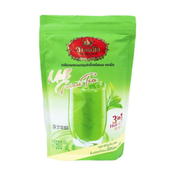 3 in 1 ชาเขียวผสมนมปรุงสำเร็จชนิดผง 500g ในแพ็คเกจสีเขียวสดใส