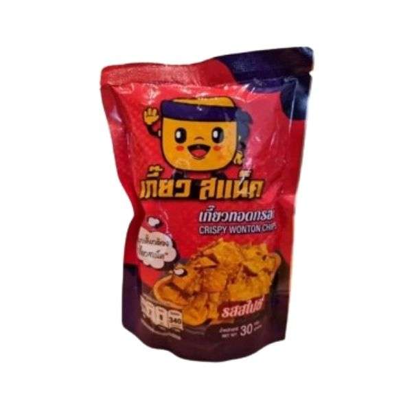 Crispy spicy wonton chips snack in red packaging 30g, crunchy and flavorful Thai snack