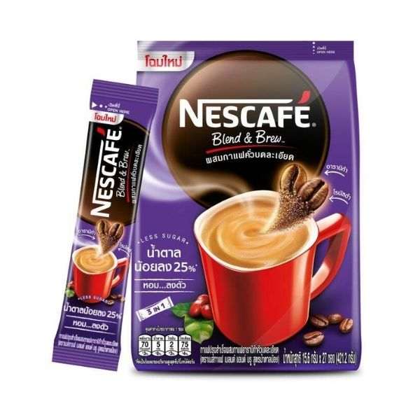 Instant coffee 3-in-1 with less sugar, 15g pack of 27 sachets, Nescafé, flavorful and convenient.