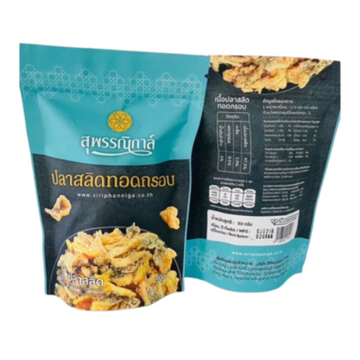 Crispy Sun-Dried Fried Pla Salid Fish 50g with low sodium, high calcium, no preservatives, halal certified packaging.