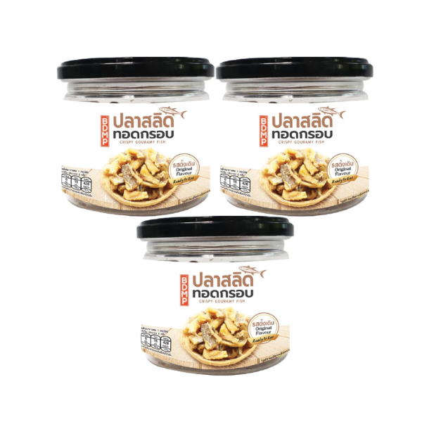 Three jars of BDMP crispy fried gouramy fish 60g in original flavor packaging
