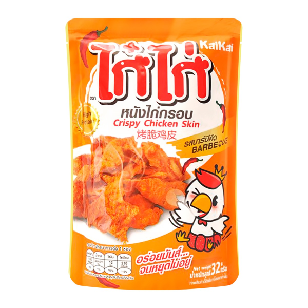 Crispy chicken skin barbecue flavor snack in orange packaging with chicken mascot and Thai text