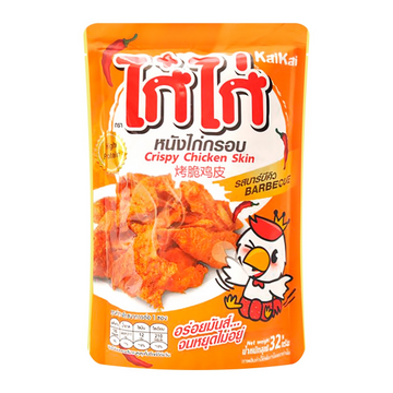 Crispy chicken skin barbecue flavor snack in orange packaging with chicken mascot and Thai text