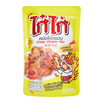 Crispy chicken skin snack with spicy sweet Sriracha sauce flavor in yellow packaging.