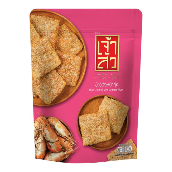 Thai crispy rice crackers with shrimp floss in pink packaging, 80g bag, savory snack with dried shrimp and flavorful seasoning.