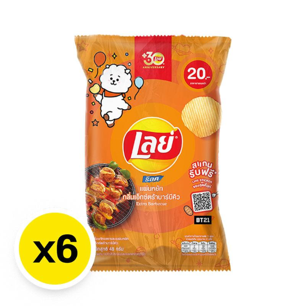 Lay's Extra Barbecue flavored thick-cut wavy potato chips pack of 6, 48g each, authentic crispy potatoes with rich BBQ seasoning and spices.