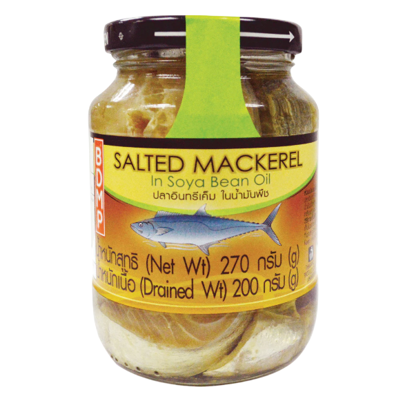 Jar of salted mackerel pieces in soybean oil 270g from BDMP